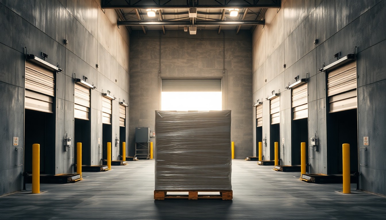 A row of warehouse dock doors, one raised with a wrapped pallet staged in front of it.
