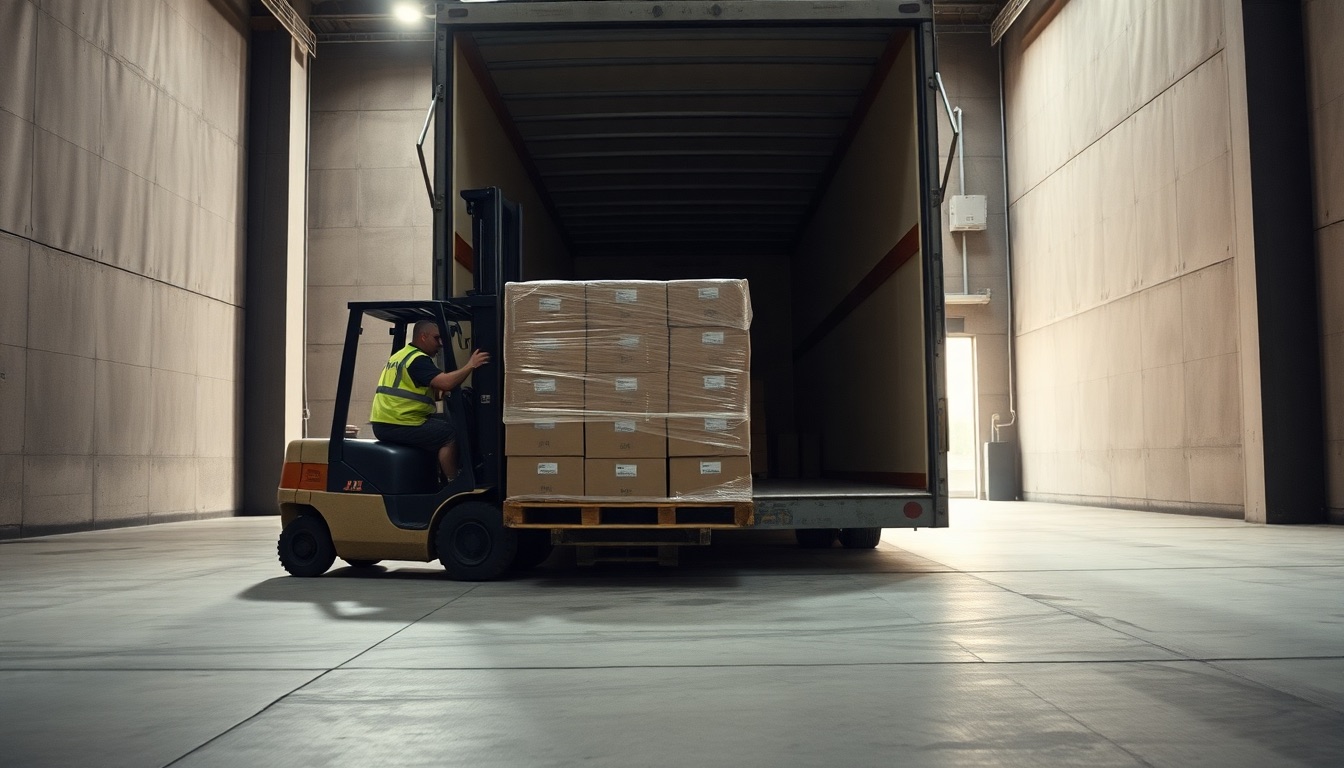 A forklift setting a wrapped pallet into the back of a semi trailer at a loading dock.