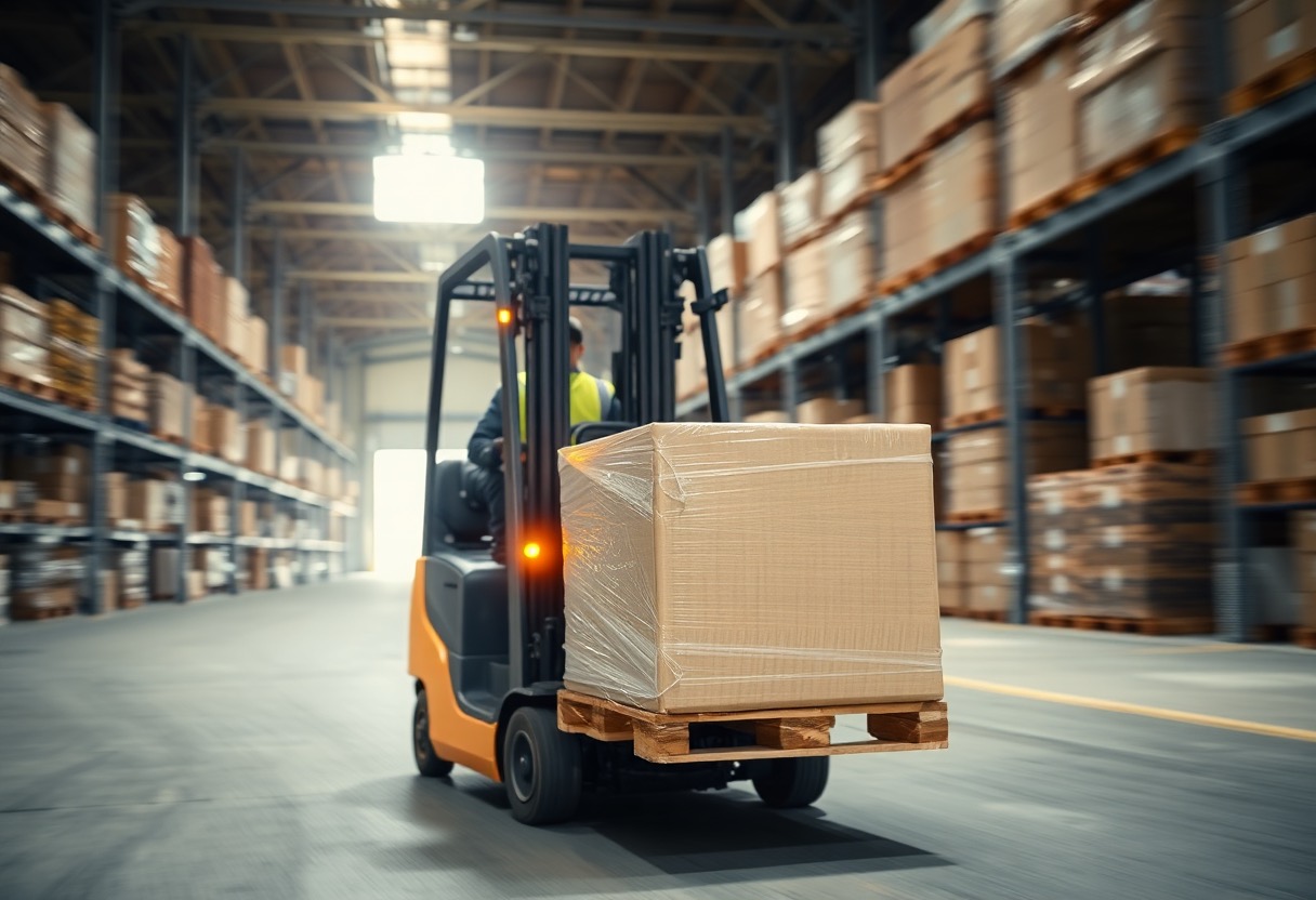 A forklift carrying one wrapped pallet down a warehouse aisle.