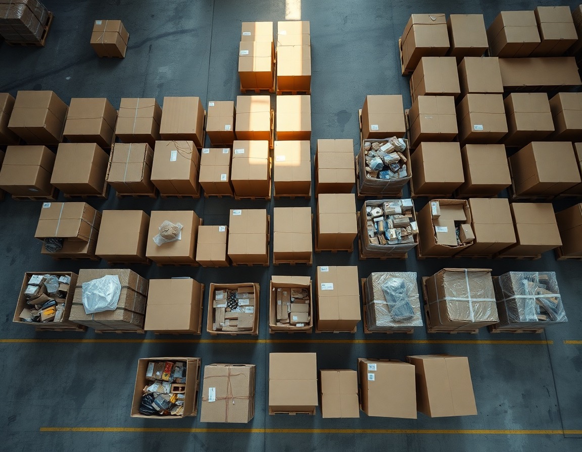 Overhead view of gaylord bulk boxes on pallets in a grid on a warehouse floor.