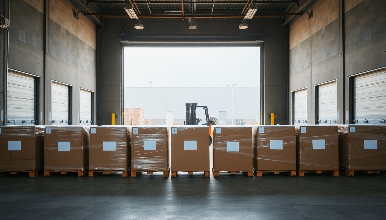 A dozen wrapped pallets staged in floor bays in front of open dock doors.