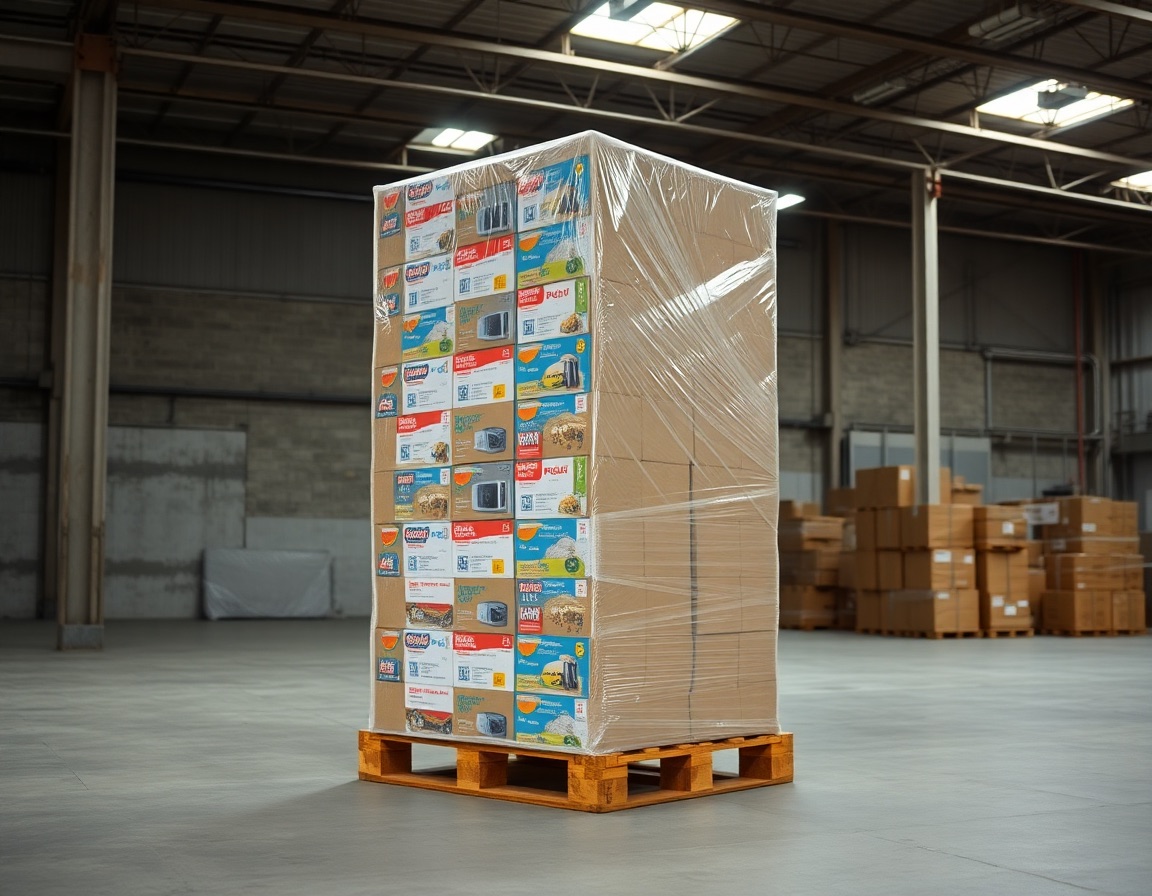 A tall pallet of assorted retail merchandise wrapped in stretch film on a warehouse floor.