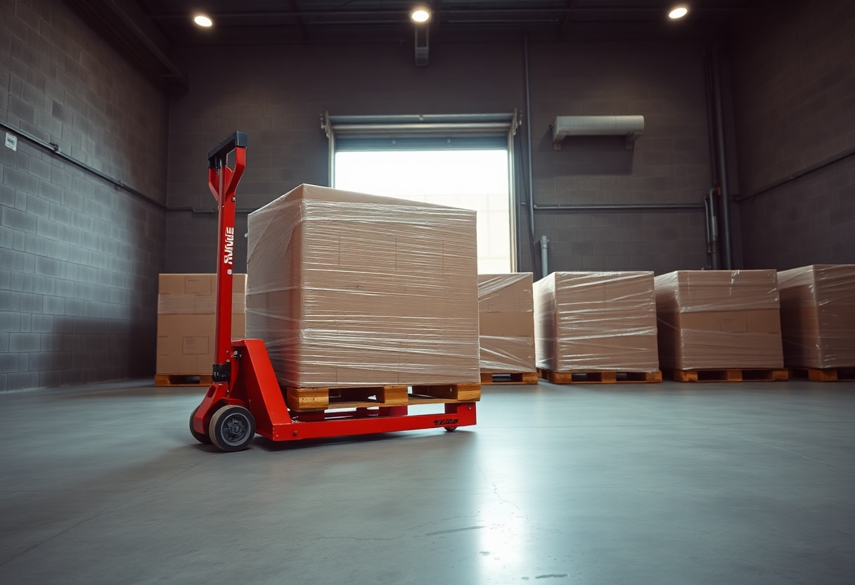 A red pallet jack under a wrapped pallet of cartons, more pallets staged in front of an open dock door.