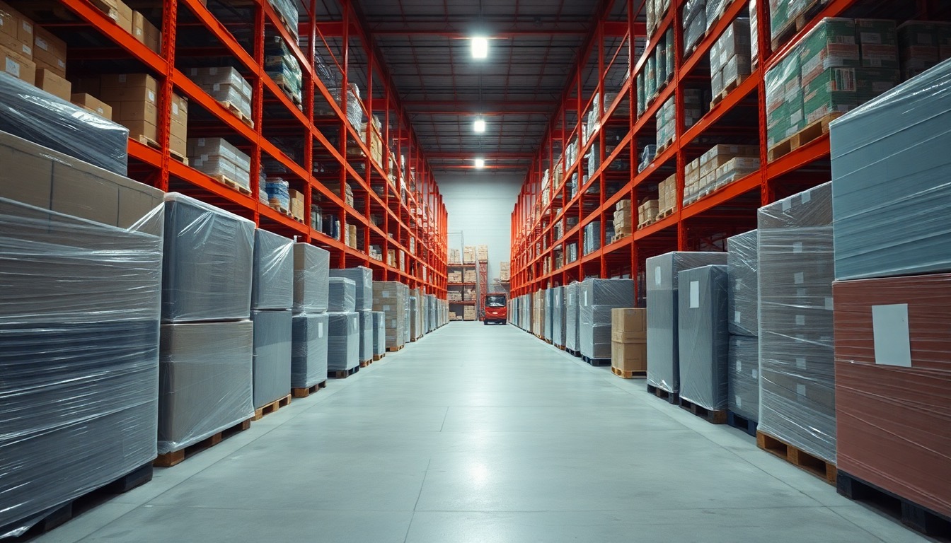 Shrink-wrapped mixed-merchandise pallets lining a warehouse aisle.