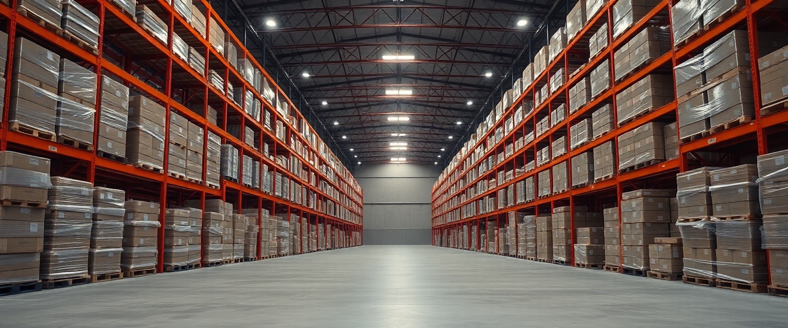 A wholesale warehouse hall with tall orange racking stacked with wrapped pallets on both sides of a long aisle.