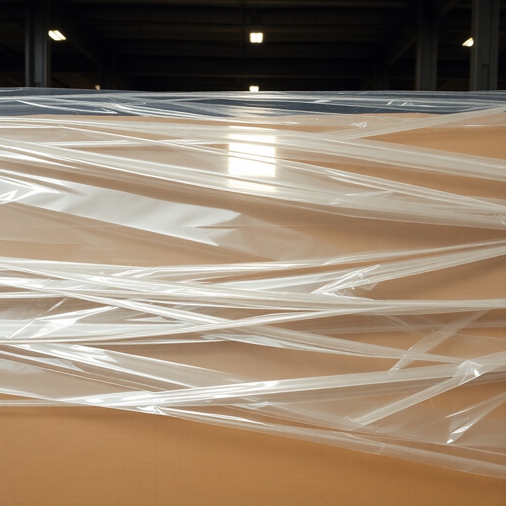 Close-up of clear stretch film wrapped around cartons on a pallet.