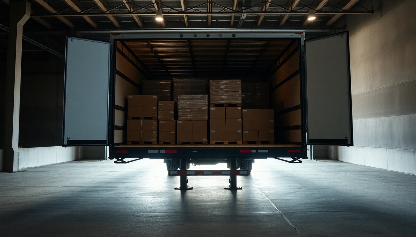 A dry-van trailer backed to a loading dock with its doors open, packed with wrapped pallets.