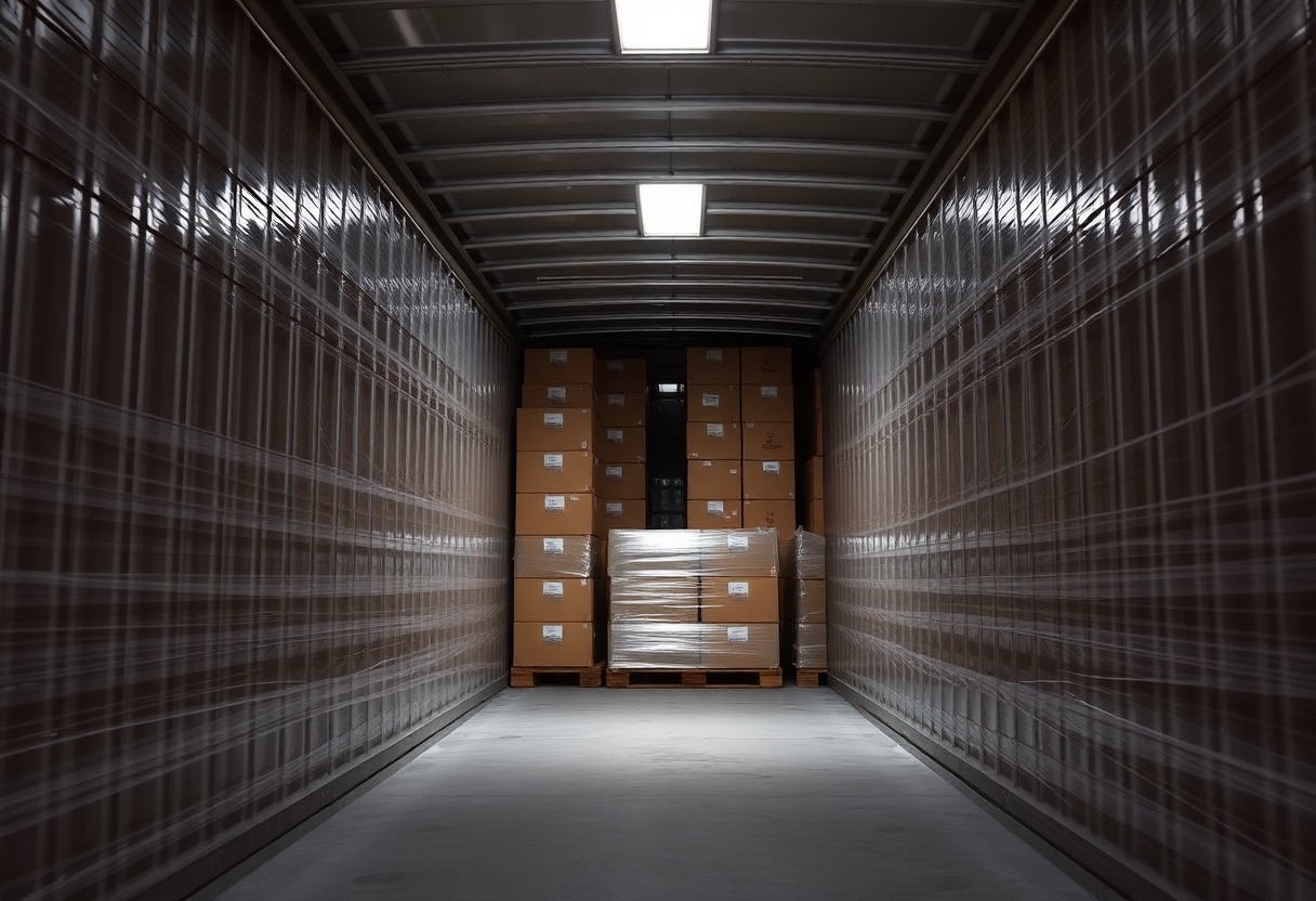 Looking into a semi trailer packed floor to ceiling with wrapped pallets and gaylords.