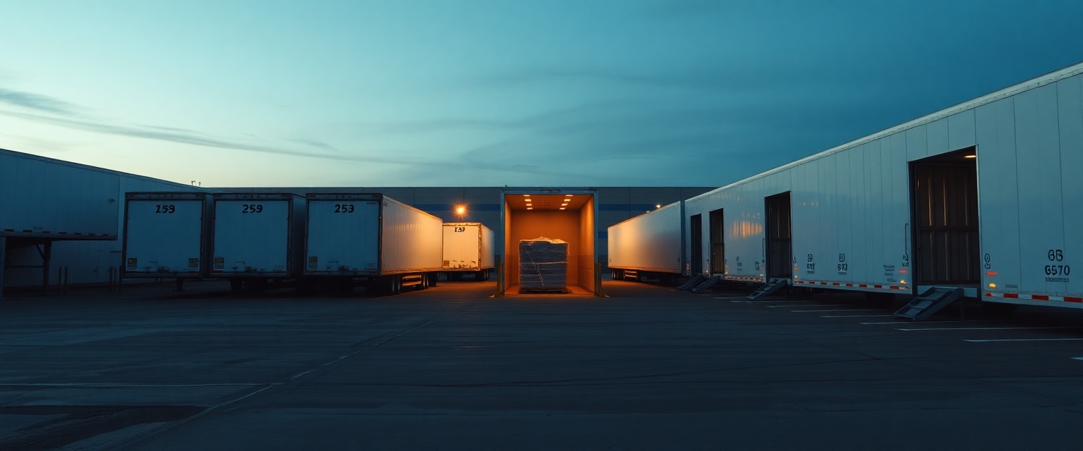 A row of semi trailers backed into loading dock doors at a distribution yard at dusk.