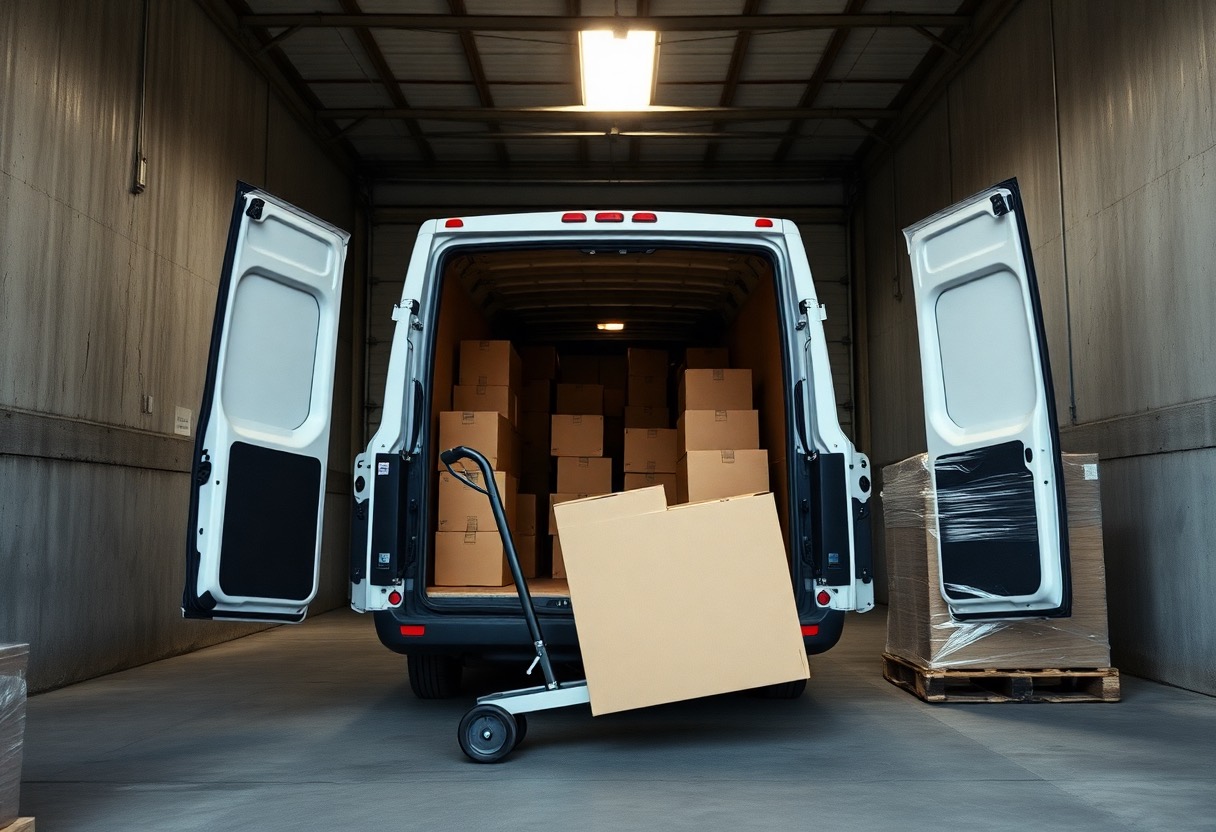 A white cargo van backed up to a warehouse door being loaded with cartons from a hand truck.